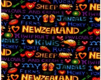 Kiwi Kapers Liebe Neuseeland Worte Jandals Schaf Baumwolle Quilting Stoff 1/2 YARD