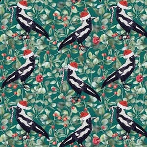Aussie Christmas Magpie Carols Green Unalloyed 1000H Cotton Quilting Fabric 1/2 YARD