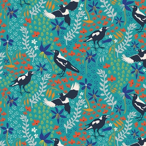 Merry Magpies Aqua Green Australian Birds Taking Flight Cotton Quilting Fabric 1/2 YARD