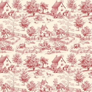 Könnte beinhalten: Ein rot-weißes Toile-Muster mit einem sich wiederholenden Design aus Häusern, Bäumen und Zäunen. Das Muster ist auf weißem Hintergrund.