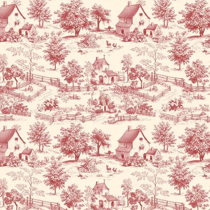 Toile De Jouy Red Farmhouses Countryside DV6628 Devonstone Cotton Quilting Fabric 1/2 YARD