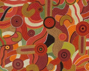 Könnte beinhalten: Abstrakte Punktmalerei in Rot-, Orange-, Braun- und Grüntönen. Das Kunstwerk zeigt ein sich wiederholendes Muster aus kreisförmigen und gebogenen Formen, wobei jede Form aus kleinen Punkten besteht. Das Gesamtdesign hat eine warme, erdige Ausstrahlung.