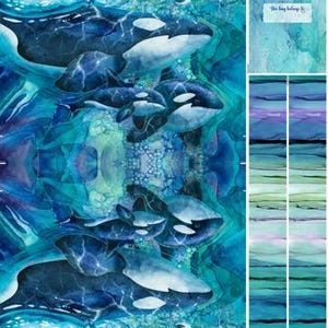May include: A fabric panel featuring a watercolour design of orca whales in shades of blue and teal, with the text "Save our Seas". The panel measures 109 cm x 61 cm.