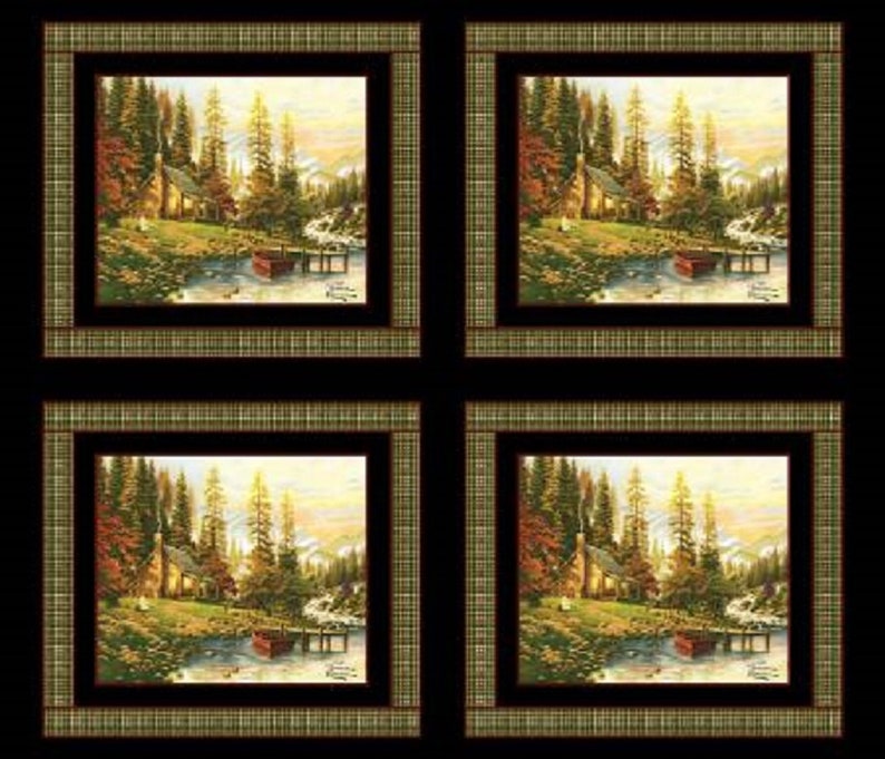Country Peaceful Retreat Thomas Kinkade Cabin and Stream Cotton Quilting Fabric Panel
