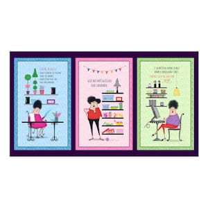 Op de afbeelding: Drie kleurrijke panelen met illustraties van vrouwen in verschillende omgevingen. Het eerste paneel is blauw met een vrouw die aan een tafel zit met een plant en tekst die luidt "Craft On, My Friend!" Het tweede paneel is roze met een vrouw die in een winkel staat met tekst die luidt "Give me a hot glue gun and stand back." Het derde paneel is groen met een vrouw die aan een bureau zit met een computer en tekst die luidt "I'm meeting a friend to help women through hard times. Coffee, tea or wine? Come on in!"
