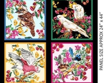 May include: A colorful fabric panel with a repeating pattern of birds and flowers. The panel features a variety of birds, including cockatoos, kookaburras, and pink robins, as well as a variety of flowers in shades of pink, yellow, blue, and green. The panel is approximately 24 inches by 44 inches.
