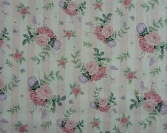 Little Wren Cottage Flowers Pink Stripe Cotton Quilting Fabric 1/2 YARD
