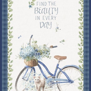 Bohemian Blue Multi Bike and Cat Cotton Quilting Fabric Panel