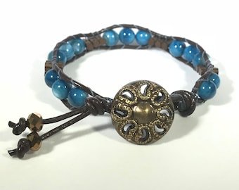 Blue River Shell Leather Wrap Bracelet
