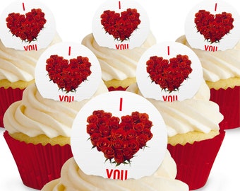 Cakeshop 12 x PRE-CUT Roses Heart Cupcake Toppers CT019