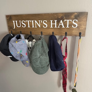 Personalized Hat Holder, Wood Rack with Hooks, Custom Name