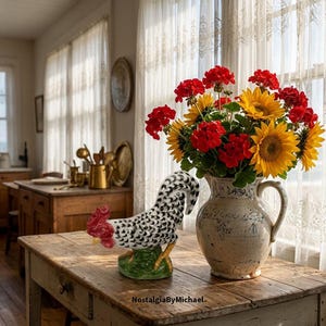 May include: A ceramic rooster figurine with black and white speckled feathers and a red comb stands next to a cream-colored ceramic pitcher filled with a vibrant bouquet of yellow sunflowers and red geraniums on a wooden table.