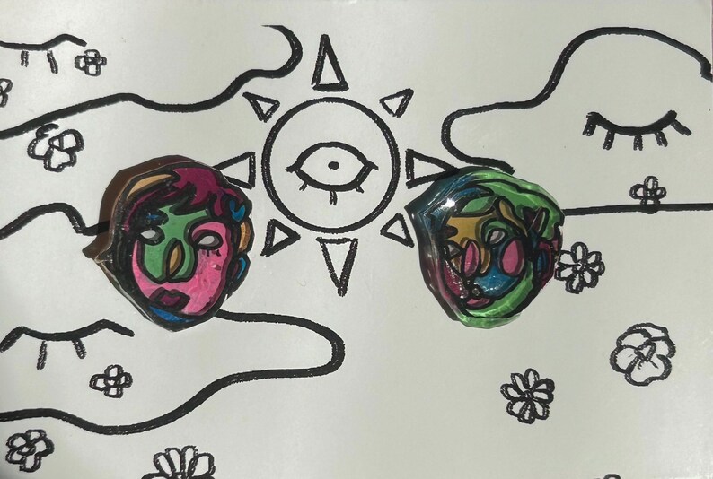 Pink and Green Oneline Drawing Face Earrings- Studs - Etsy