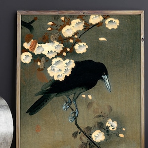 Japanese Woodblock Crow Poster, bird print, british garden birds, bird watercolor, garden bird poster, cherry blossom, raven crow, black