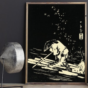 Hiroshige River Paddler Woodblock Print Poster, Póster japonés, Póster clásico, Siglo 19, Japón, Japón vintage, bloque de madera, monocromo