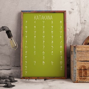Green Katakana Poster, Katakana Poster, Japanese Wall Art, Katakana Wall Art, Learn Japanese, Japanese Posters, Anime Poster, Kana, Hiragana