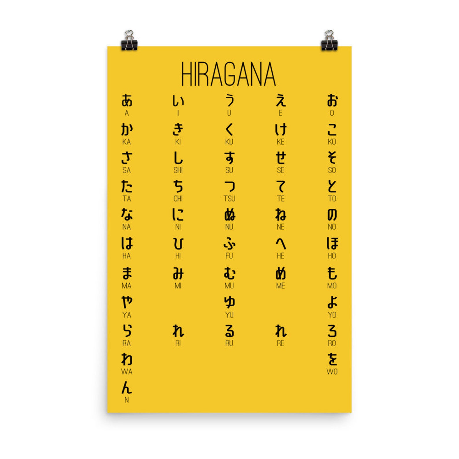 Yellow Hiragana Poster, Hiragana Poster, Japanese Prints, Hiragana Wall Art, Learn Japanese