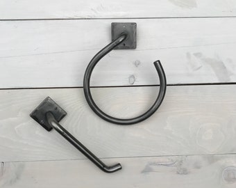 Modern Farmhouse bathroom set with toilet paper holder and towel ring , modern bath decor, modern farmhouse bath,  wrought iron bath