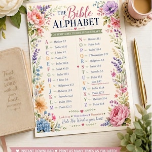 May include: A printed sheet titled The Bible Alphabet featuring 26 scriptures from A to Z, decorated with watercolor floral borders in pink, purple, and blue. The text includes specific Bible verses and the phrase Hide His Word in your heart.