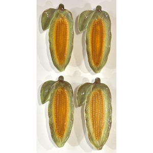 4 Vintage Corn On Cob Ceramic Serving Dishes Set Made In Italy Tusk yellow Green