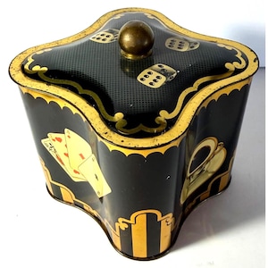 Vintage Storck Metal Candy Tin | Made in Germany | Chess Dice Playing Cards Poker Craps | Game Collectible Tin