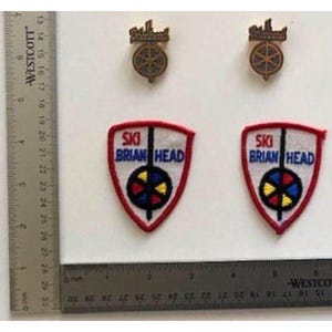 May include: Two gold-toned metal pins and two embroidered fabric patches featuring the text 'SKI BRIAN HEAD' and a circular wheel graphic. A Westcott ruler is visible, showing the items measure approximately 2 to 3 inches in size.