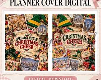 May include: Digital planner cover set featuring Christmas themes with text reading SPREAD A LITTLE CHRISTMAS CHEER and CHRISTMAS CHEER HOLIDAY PLANNER. Includes images of maple syrup, candy canes, snow globes, and New York City winter scenes.