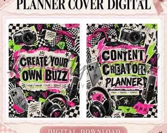 May include: A digital planner cover set featuring a collage design with black and white checkered patterns, neon pink and green accents, cameras, microphones, headphones, and smartphones. Text reads: CREATE YOUR OWN BUZZ and CONTENT CREATOR PLANNER.