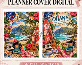 May include: A digital planner cover featuring a tropical Hawaiian landscape with a surfboard, ukulele, vintage camera, cassette tape, and shaved ice. The text reads "IT'S PRETTY PERSONAL", "PLANNER COVER DIGITAL", "OHANA", "Where love feels like home", and "DIGITAL DOWNLOAD".
