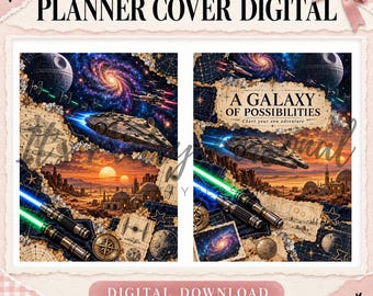 May include: Two digital planner covers featuring space scenes with the Millennium Falcon, TIE fighters, a Death Star, and glowing lightsabers. The text reads PLANNER COVER DIGITAL, A GALAXY OF POSSIBILITIES, and Chart your own adventure.