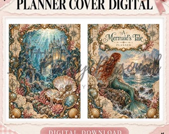 May include: Two digital planner covers featuring nautical themes. The left shows an underwater castle with coral and pearls. The right depicts a mermaid on a rocky shore with the text A Mermaid's Tale Planner, surrounded by vintage map motifs.
