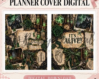 May include: Two digital planner covers featuring a dark, gothic laboratory theme with green roses, glowing electrical tubes, vintage anatomical heart illustrations, keys, ribbons, and text reading IT'S ALIVE! NOTES FROM THE LAB.