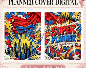 May include: Two digital planner covers featuring comic book art with a city skyline, a blue superhero mask, a red cape, yellow lightning bolts, and stars. The right cover displays the text SUPER PLANNER and PLAN SOMETHING AMAZING.