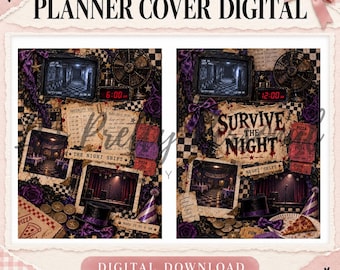 May include: A digital planner cover featuring a dark, checkered background with purple roses, a top hat, and pizza slices. It includes security camera footage, a security log, and the text "SURVIVE THE NIGHT" in a distressed, dark red font.