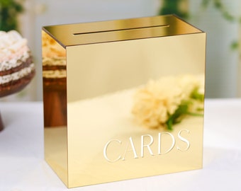 Gold Metallic Mirror Acrylic Wedding Card Box with Slot, Large 10x10x5.5 in, Wedding Reception Wishing Well Money Box, Birthday, Memory Box