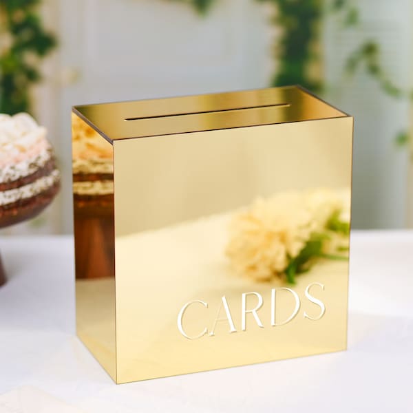 Gold Metallic Mirror Acrylic Wedding Card Box with Slot, Large 10x10x5.5 in, Wedding Reception Wishing Well Money Box, Birthday, Memory Box