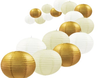 UNIQOOO 18Pcs Gold Paper Lantern Set,5 Assorted Size,Reusable Hanging Decorative Japanese Chinese Paper Lanterns, Party Decor Supplies Kit