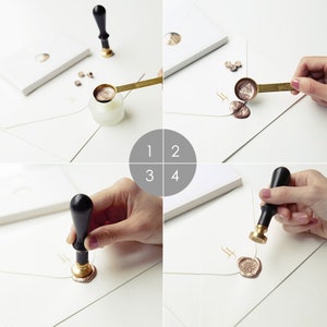 May include: A four-step guide to sealing an envelope with wax. The steps are numbered 1 through 4. The first step shows a person melting wax with a spoon. The second step shows a person pouring the melted wax onto an envelope. The third step shows a person pressing a wax seal stamp into the wax. The fourth step shows the finished wax seal on the envelope.