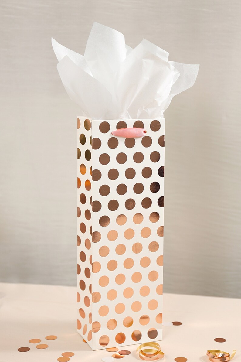 14x4.75x3.5,Recyclable,for Wedding,Birthday Party,etc. UNIQOOO 12Pcs Premium Rose Gold Metallic Foil Polka Dot Champagne /& Wine Bag Bulk