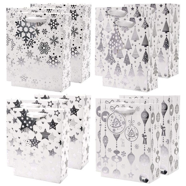 12Pcs Metallic Silver Christmas Gift Bags Bulk, Xmas Gift Wrap Bags Assorted, Snowflake, Bells Stars Ornaments, For Holidays