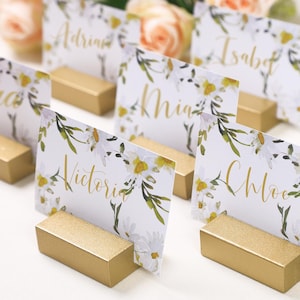 May include: A collection of place cards with names in gold script, each set in a gold-painted rectangular holder. The cards feature a floral design with white daisies and green leaves, perfect for a wedding or event.