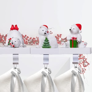 Handmade White Polar Bear Christmas Stocking Holders, Large 3Pcs Mantel Hook Set with Base Pads