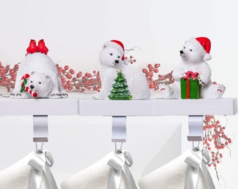 Handmade White Polar Bear Christmas Stocking Holders, Large 3Pcs Mantel Hook Set with Base Pads