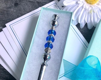 Letter Opener with Royal Blue Glass and Metal Beads, Beaded Letter Opener, Desk Accessory, Gift for Mom, Teacher Gift, Office Letter Opener