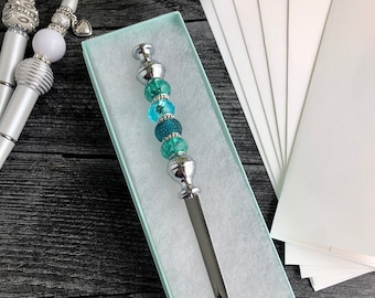Letter Opener with Teal Glass and Metal Beads, Beaded Letter Opener, Desk Accessory, Gift for Mom, Teacher Gift, Office Letter Opener, OOAK