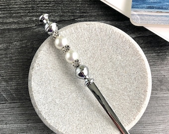 Beaded Letter Opener: Stainless Steel Blade, Pearl Desk Accessory