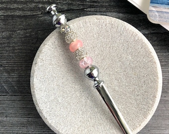 Beaded Letter Opener: Pink Murano Glass, Stainless Steel Desk Accessory