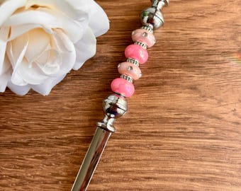 Beaded Letter Opener: Pink Murano Glass, Stainless Steel Desk Accessory