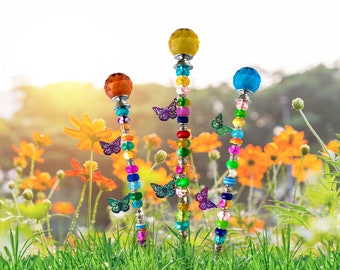 Beaded Butterfly Garden Stake: Crystal Topper, Fairy Wand Plant Decor