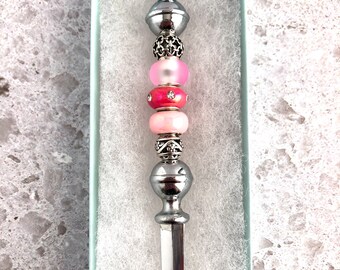 Beaded Letter Opener: Pink Murano Glass, Stainless Steel Desk Accessory